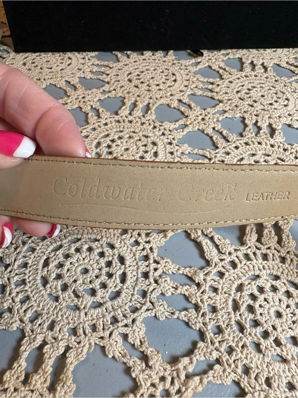 Coldwater Creek Tooled Tan Croc-Embossed Leather Belt with Ornate Silver Buckle